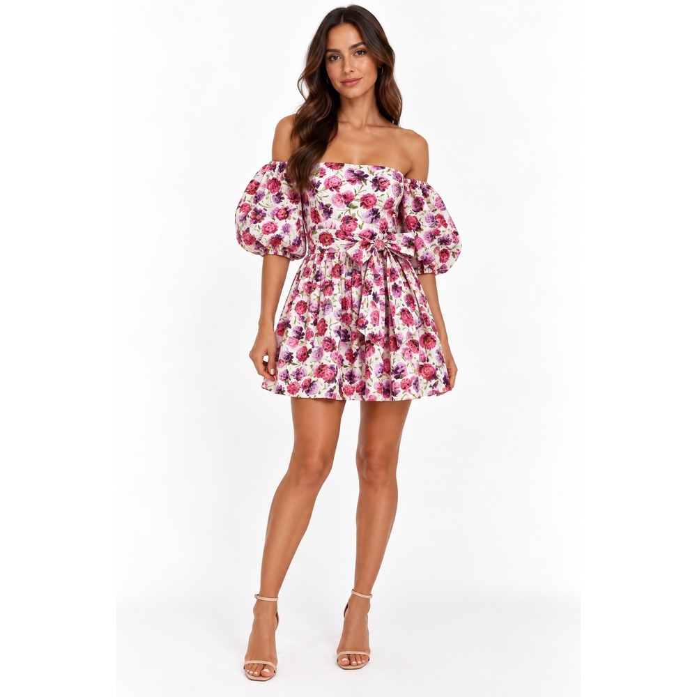 Zara Floral Mini Dress Off Shoulder Puff Sleeve Tie Waist Cottagecore S